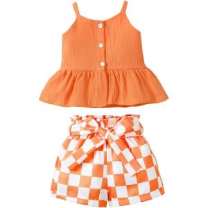 imageKucnuzki Toddler Baby Girl Clothes Summer Outfits Ruffle Sleeveless Linen Shirt Kid Short Set for GirlOrange Checker