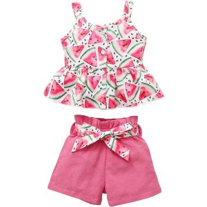 imageKucnuzki Toddler Baby Girl Clothes Summer Outfits Ruffle Sleeveless Linen Shirt Kid Short Set for GirlPink