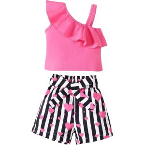imageKucnuzki Toddler Baby Girl Clothes Summer Outfits Ruffle Sleeveless Linen Shirt Kid Short Set for GirlPink Heart
