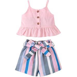 imageKucnuzki Toddler Baby Girl Clothes Summer Outfits Ruffle Sleeveless Linen Shirt Kid Short Set for GirlPink Stripes