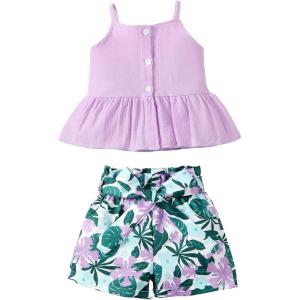 imageKucnuzki Toddler Baby Girl Clothes Summer Outfits Ruffle Sleeveless Linen Shirt Kid Short Set for GirlPurple Flowers