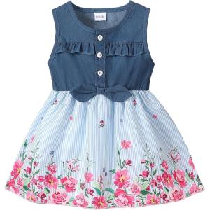 imageKucnuzki Toddler Girl Outfits Baby Sunflower Princess Dresses Denim Summer Sleeveless Clothes Jean Tutu Skirts for GirlsFloral Striped