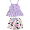 imageKucnuzki Toddler Baby Girl Clothes Summer Outfits Ruffle Sleeveless Linen Shirt Kid Short Set for GirlKt Purple