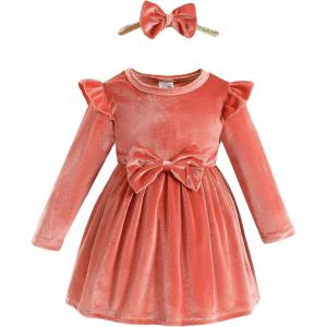 imageKucnuzki Toddler Baby Girl Clothes Velvet Dress Solid Little Flower Girl Dress Princess Casual Party Dress for Girl FallPink