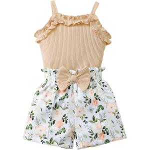 imageKucnuzki Toddler Baby Girl Clothes Sleeveless Tank Tops Ruffle Halter Shirts Floral Shorts 2 Piece Set Summer OutfitsApricot