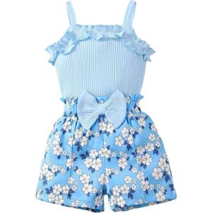imageKucnuzki Toddler Baby Girl Clothes Sleeveless Tank Tops Ruffle Halter Shirts Floral Shorts 2 Piece Set Summer OutfitsBlue