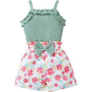 imageKucnuzki Toddler Baby Girl Clothes Sleeveless Tank Tops Ruffle Halter Shirts Floral Shorts 2 Piece Set Summer OutfitsGreen