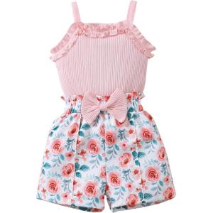 imageKucnuzki Toddler Baby Girl Clothes Sleeveless Tank Tops Ruffle Halter Shirts Floral Shorts 2 Piece Set Summer OutfitsPink