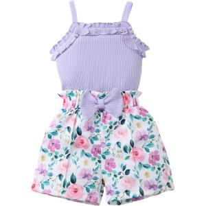 imageKucnuzki Toddler Baby Girl Clothes Sleeveless Tank Tops Ruffle Halter Shirts Floral Shorts 2 Piece Set Summer OutfitsPurple