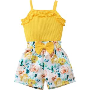 imageKucnuzki Toddler Baby Girl Clothes Sleeveless Tank Tops Ruffle Halter Shirts Floral Shorts 2 Piece Set Summer OutfitsYellow