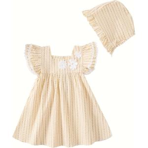 imageKucnuzki Baby Girl Clothes Toddler Girls Summer Dress Ruffle Fly Sleeve Casual Sundress Square Neck Cute Outfit for KidsApricot