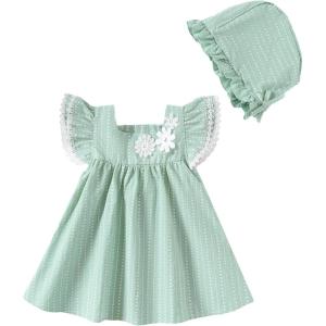 imageKucnuzki Baby Girl Clothes Toddler Girls Summer Dress Ruffle Fly Sleeve Casual Sundress Square Neck Cute Outfit for KidsGreen