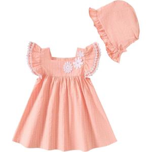 imageKucnuzki Baby Girl Clothes Toddler Girls Summer Dress Ruffle Fly Sleeve Casual Sundress Square Neck Cute Outfit for KidsPink