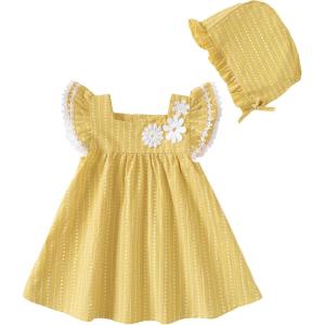 imageKucnuzki Baby Girl Clothes Toddler Girls Summer Dress Ruffle Fly Sleeve Casual Sundress Square Neck Cute Outfit for KidsYellow