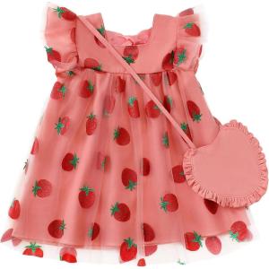 imageKucnuzki Baby Girl Clothes Toddler Girls Summer Fairy Tulle Dress Ruffle Fly Sleeve Casual Sundress Cute Outfit for KidsStrawberry