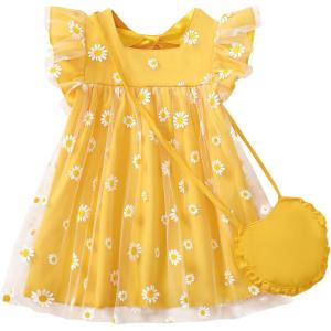 imageKucnuzki Baby Girl Clothes Toddler Girls Summer Fairy Tulle Dress Ruffle Fly Sleeve Casual Sundress Cute Outfit for KidsYellow