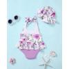 imageKucnuzki Baby Girl Swimsuit Newborn One Piece Bathing Suit Bow Tie Bikini Tankini Infant Swimwear with HatPurple Flower