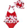 imageKucnuzki Baby Girl Swimsuit Newborn One Piece Bathing Suit Bow Tie Bikini Tankini Infant Swimwear with HatStrawberry