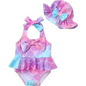 imageKucnuzki Baby Girl Swimsuit Newborn One Piece Bathing Suit Bow Tie Bikini Tankini Infant Swimwear with HatColorful