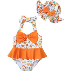 imageKucnuzki Baby Girl Swimsuit Newborn One Piece Bathing Suit Bow Tie Bikini Tankini Infant Swimwear with HatOrange Flower