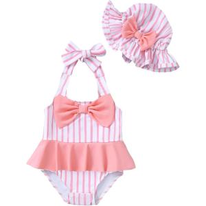 imageKucnuzki Baby Girl Swimsuit Newborn One Piece Bathing Suit Bow Tie Bikini Tankini Infant Swimwear with HatPink Strip