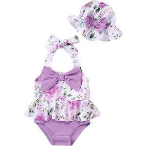 imageKucnuzki Baby Girl Swimsuit Newborn One Piece Bathing Suit Bow Tie Bikini Tankini Infant Swimwear with HatPurple Flower