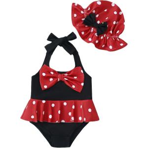 imageKucnuzki Baby Girl Swimsuit Newborn One Piece Bathing Suit Bow Tie Bikini Tankini Infant Swimwear with HatRed Black