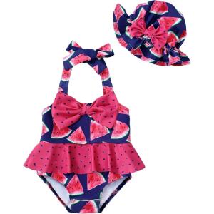imageKucnuzki Baby Girl Swimsuit Newborn One Piece Bathing Suit Bow Tie Bikini Tankini Infant Swimwear with HatWatermelon