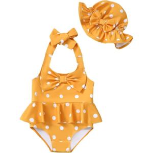 imageKucnuzki Baby Girl Swimsuit Newborn One Piece Bathing Suit Bow Tie Bikini Tankini Infant Swimwear with HatYellow
