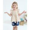 imageKucnuzki Baby Girl Clothes Toddler Girl Summer Two Piece Outfit Kids Ruffle Sleeveless Plaid Tops Denim Jeans Shorts SetBeige