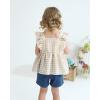 imageKucnuzki Baby Girl Clothes Toddler Girl Summer Two Piece Outfit Kids Ruffle Sleeveless Plaid Tops Denim Jeans Shorts SetBeige