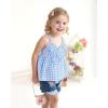imageKucnuzki Baby Girl Clothes Toddler Girl Summer Two Piece Outfit Kids Ruffle Sleeveless Plaid Tops Denim Jeans Shorts SetBlue