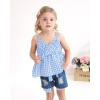 imageKucnuzki Baby Girl Clothes Toddler Girl Summer Two Piece Outfit Kids Ruffle Sleeveless Plaid Tops Denim Jeans Shorts SetBlue