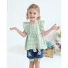 imageKucnuzki Baby Girl Clothes Toddler Girl Summer Two Piece Outfit Kids Ruffle Sleeveless Plaid Tops Denim Jeans Shorts SetGreen