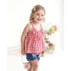 imageKucnuzki Baby Girl Clothes Toddler Girl Summer Two Piece Outfit Kids Ruffle Sleeveless Plaid Tops Denim Jeans Shorts SetRed