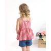 imageKucnuzki Baby Girl Clothes Toddler Girl Summer Two Piece Outfit Kids Ruffle Sleeveless Plaid Tops Denim Jeans Shorts SetRed