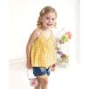 imageKucnuzki Baby Girl Clothes Toddler Girl Summer Two Piece Outfit Kids Ruffle Sleeveless Plaid Tops Denim Jeans Shorts SetYellow