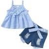 imageKucnuzki Baby Girl Clothes Toddler Girl Summer Two Piece Outfit Kids Ruffle Sleeveless Plaid Tops Denim Jeans Shorts SetBlue