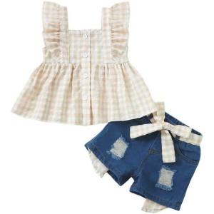 imageKucnuzki Baby Girl Clothes Toddler Girl Summer Two Piece Outfit Kids Ruffle Sleeveless Plaid Tops Denim Jeans Shorts SetBeige