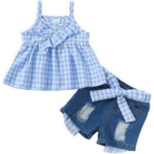 imageKucnuzki Baby Girl Clothes Toddler Girl Summer Two Piece Outfit Kids Ruffle Sleeveless Plaid Tops Denim Jeans Shorts SetBlue