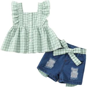 imageKucnuzki Baby Girl Clothes Toddler Girl Summer Two Piece Outfit Kids Ruffle Sleeveless Plaid Tops Denim Jeans Shorts SetGreen