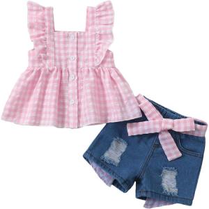 imageKucnuzki Baby Girl Clothes Toddler Girl Summer Two Piece Outfit Kids Ruffle Sleeveless Plaid Tops Denim Jeans Shorts SetPink