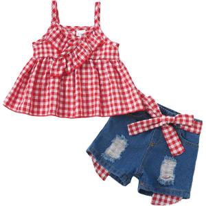 imageKucnuzki Baby Girl Clothes Toddler Girl Summer Two Piece Outfit Kids Ruffle Sleeveless Plaid Tops Denim Jeans Shorts SetRed