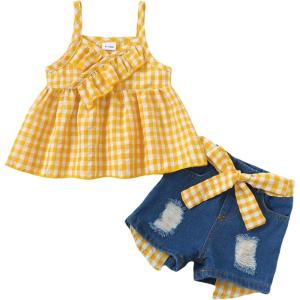 imageKucnuzki Baby Girl Clothes Toddler Girl Summer Two Piece Outfit Kids Ruffle Sleeveless Plaid Tops Denim Jeans Shorts SetYellow