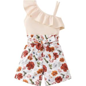 imageKucnuzki Little Toddler Girl Clothes Off Shoulder Tank Top Ruffle Halter Shirt Floral Shorts 2 Piece Set Summer OutfitsApricot