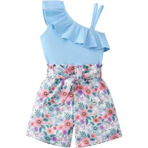 imageKucnuzki Little Toddler Girl Clothes Off Shoulder Tank Top Ruffle Halter Shirt Floral Shorts 2 Piece Set Summer OutfitsBlue