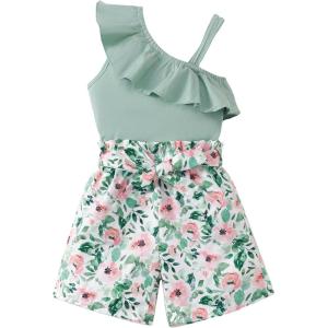 imageKucnuzki Little Toddler Girl Clothes Off Shoulder Tank Top Ruffle Halter Shirt Floral Shorts 2 Piece Set Summer OutfitsGreen
