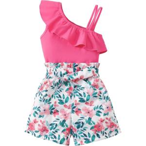 imageKucnuzki Little Toddler Girl Clothes Off Shoulder Tank Top Ruffle Halter Shirt Floral Shorts 2 Piece Set Summer OutfitsHot Pink
