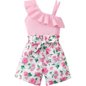 imageKucnuzki Little Toddler Girl Clothes Off Shoulder Tank Top Ruffle Halter Shirt Floral Shorts 2 Piece Set Summer OutfitsPink