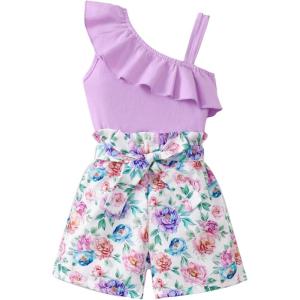 imageKucnuzki Little Toddler Girl Clothes Off Shoulder Tank Top Ruffle Halter Shirt Floral Shorts 2 Piece Set Summer OutfitsPurple